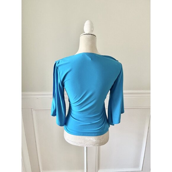 Coco Bianco Flutter Sleeve Blue Surplice Top With Ruched Detail 3/4 Sleeves Smal - Picture 4 of 5